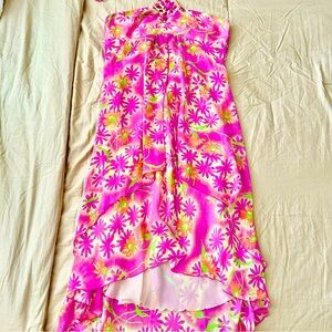 Gorgeous Pink Floral Ruffle Chiffon High Low Hem Tiered Halter Dress Size 7/8